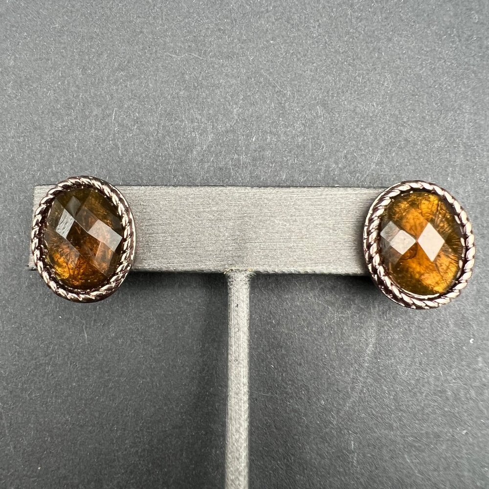 Vintage Brown Stone Clip On Earrings‎ Rose Gold Tone